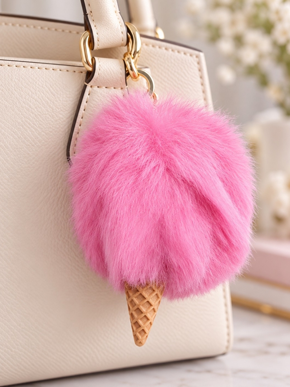 Pink Faux Fur Ice Cream Bag Charm Keychain